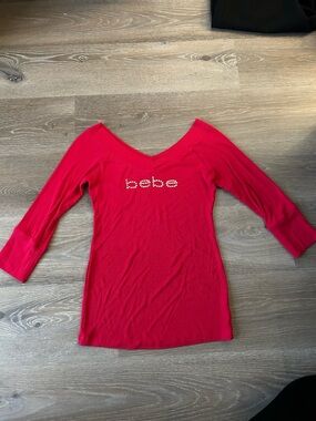 bebe Hot Pink V-Neck Rhinestone Logo Long Sleeve Top